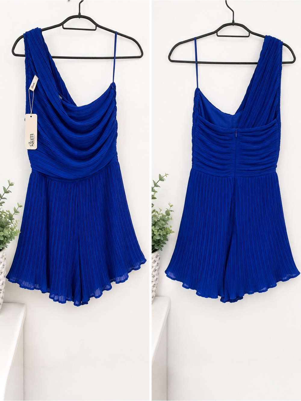 NWT Glam Royal Blue One-Shoulder Pleated Romper